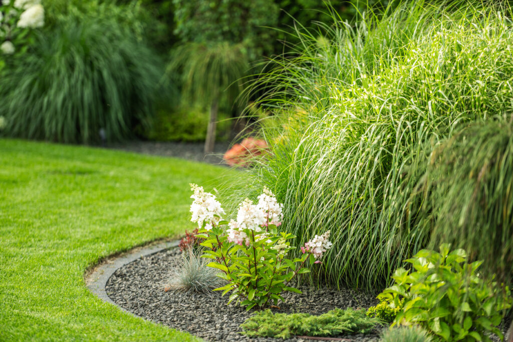 Un jardin présente des plantes vibrantes le long d'un chemin incurvé, avec du gazon synthétique