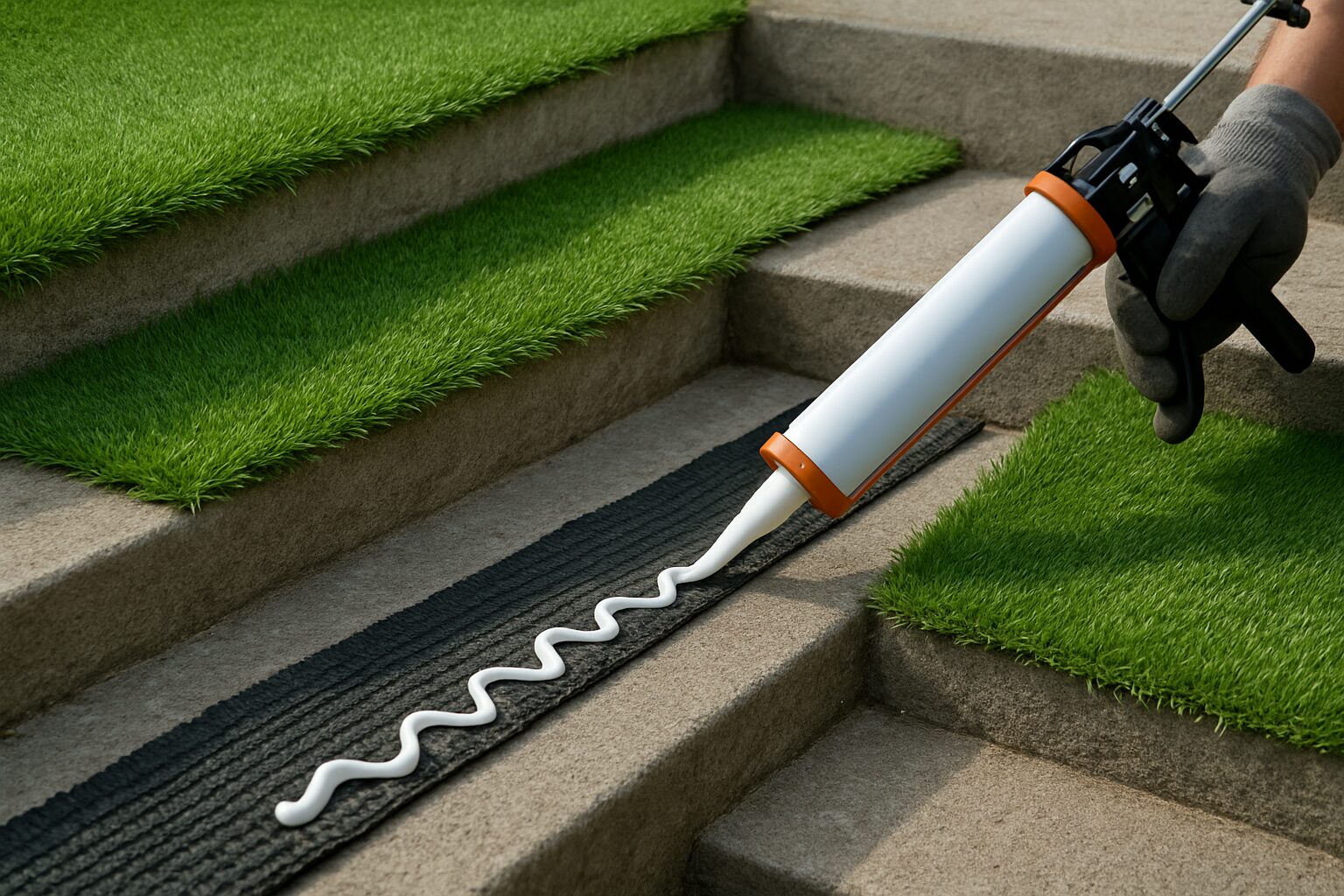 Application de colle polyuréthane pour gazon synthétique sur terrasse