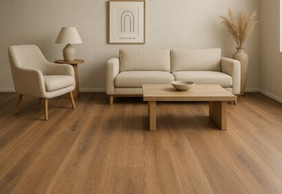 Salon moderne avec plancher SPC effet bois naturel