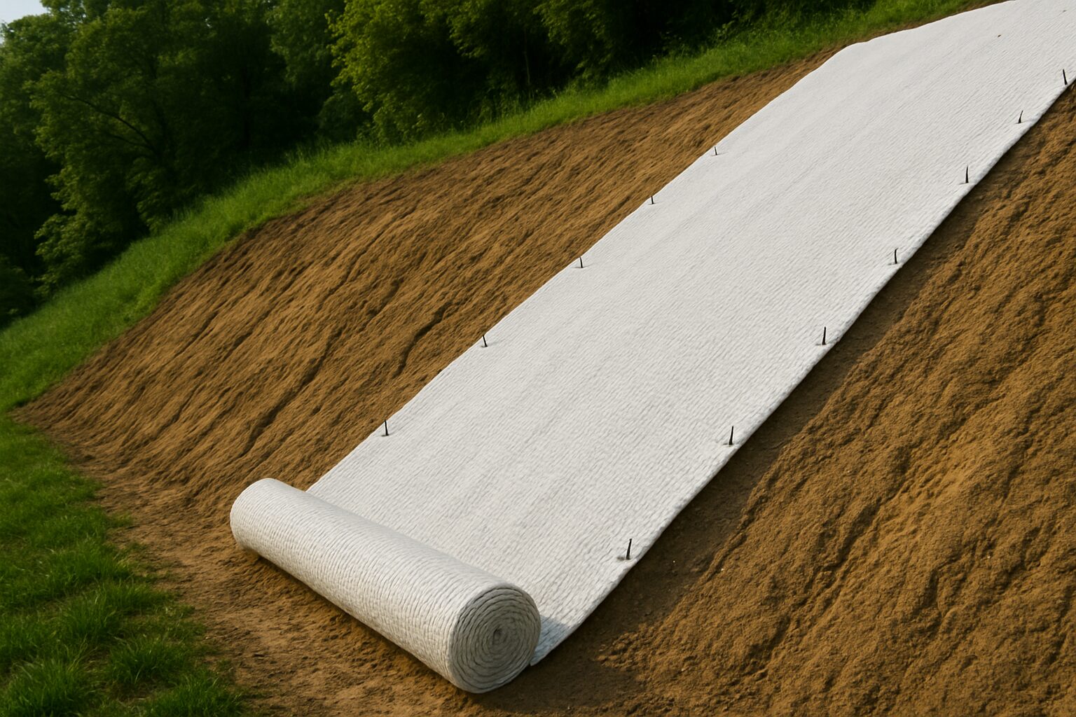 Géotextile déroulé sur un talus pour prévenir l’érosion