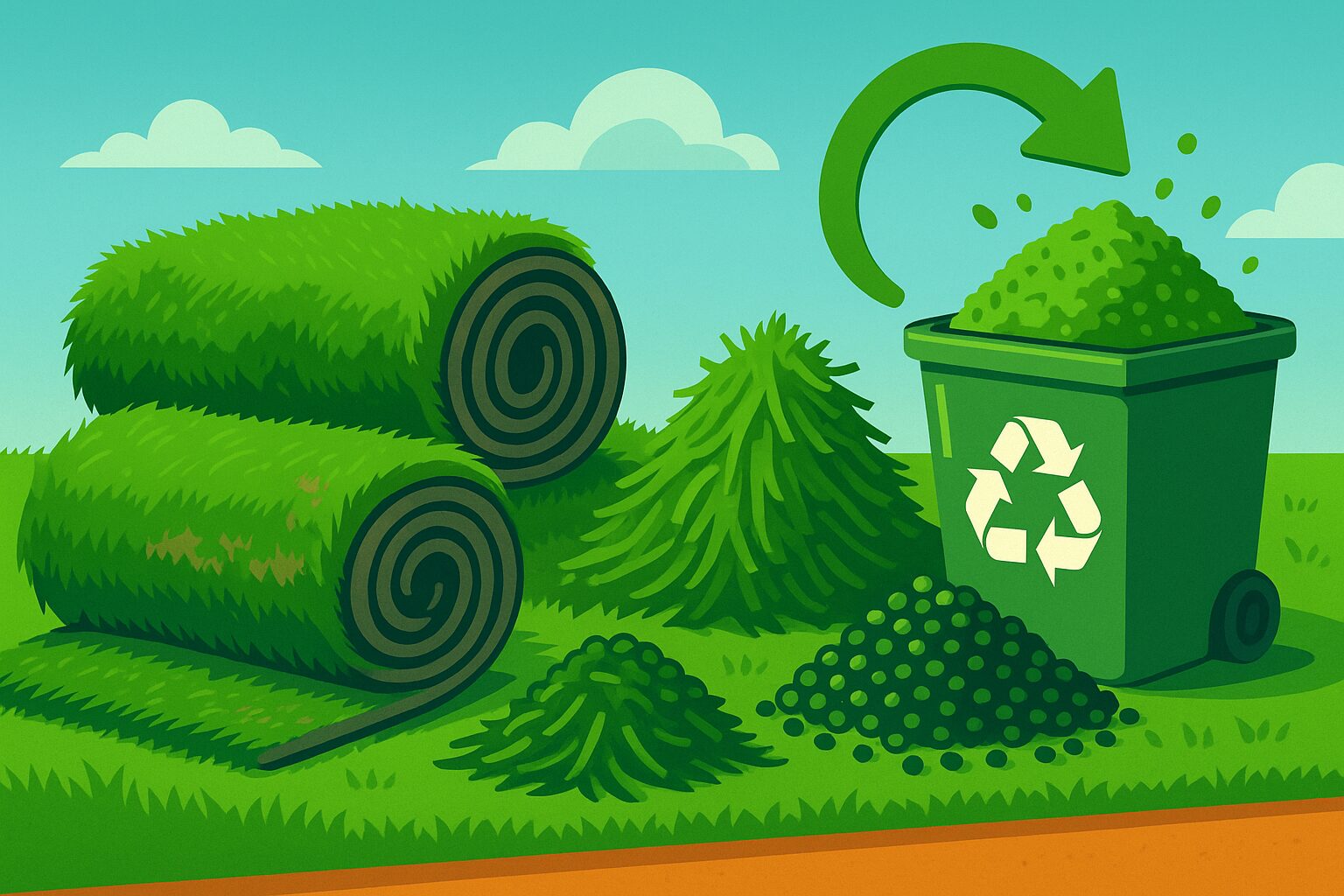 Rouleaux de gazon synthétique usagé prêts pour le recyclage