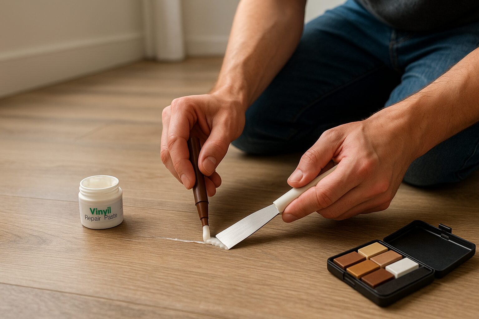 Réparation d’un plancher SPC avec un kit de retouche