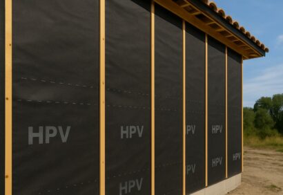 Pose de membrane HPV sur un mur de bâtiment en construction