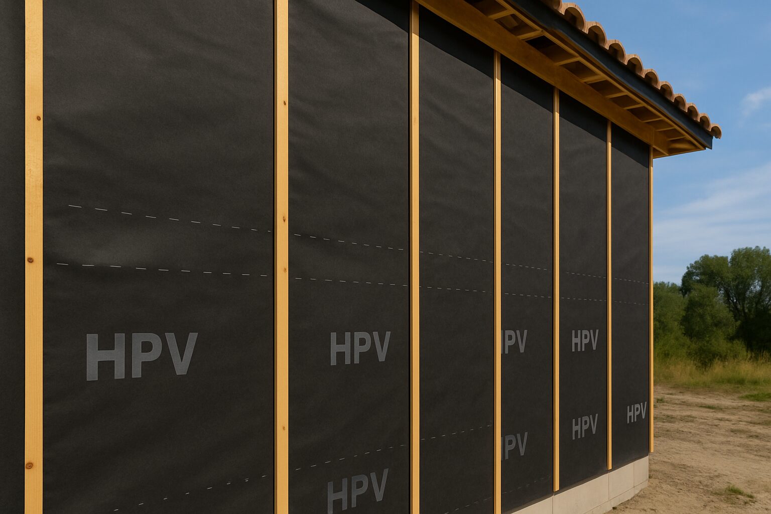 Pose de membrane HPV sur un mur de bâtiment en construction