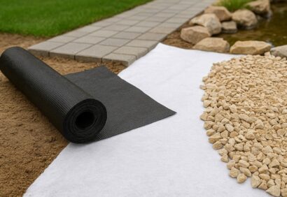 Rouleaux de géotextile posés sur un sol stabilisé