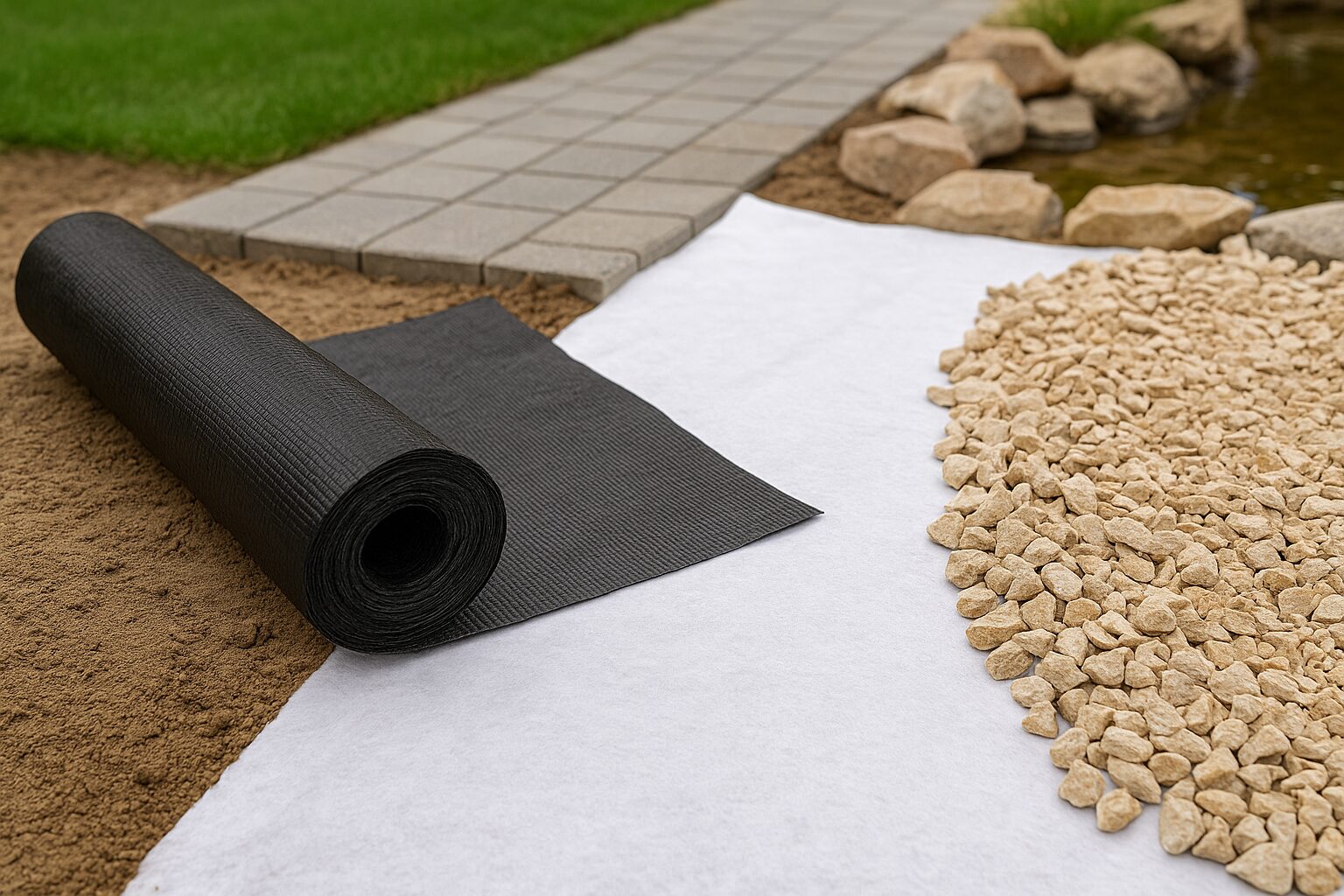 Rouleaux de géotextile posés sur un sol stabilisé