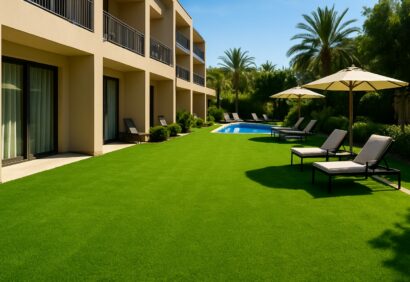 Jardin d’hôtel avec gazon synthétique verdoyant et mobilier d’extérieur