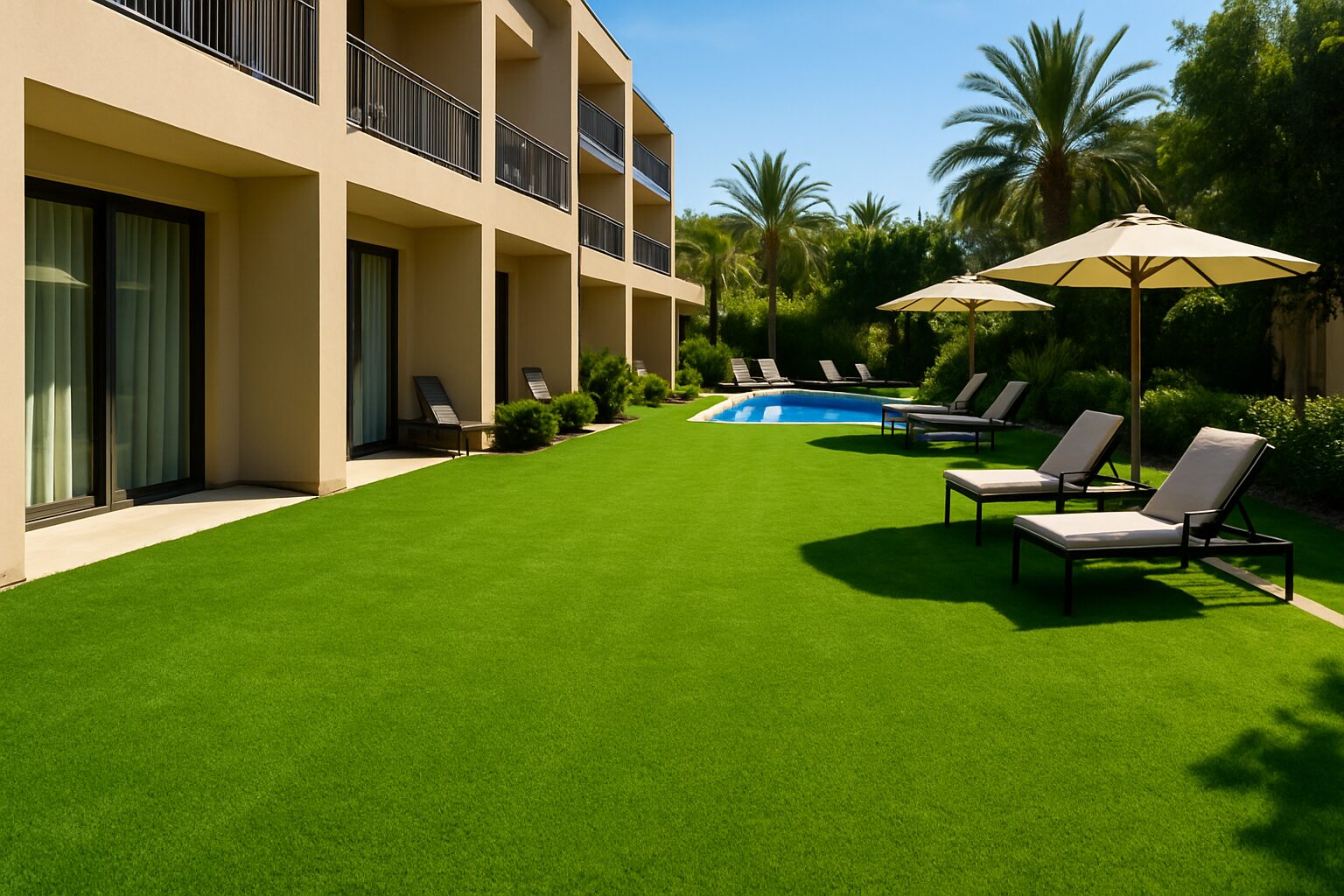 Jardin d’hôtel avec gazon synthétique verdoyant et mobilier d’extérieur